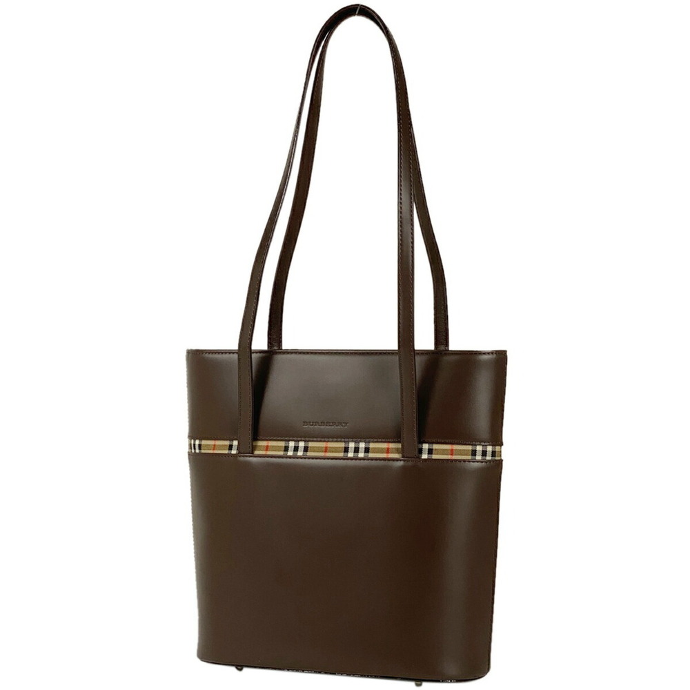 Burberry Logo Tote Bag Check Leather Brown